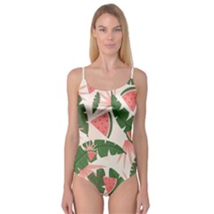 Tropical Watermelon Leaves Pink And Green Jungle Leaves Retro Hawaiian Style Camisole Leotard  by genx