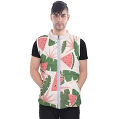 Tropical Watermelon Leaves Pink And Green Jungle Leaves Retro Hawaiian Style Men s Puffer Vest by genx