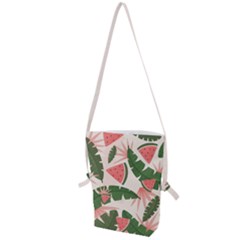 Tropical Watermelon Leaves Pink And Green Jungle Leaves Retro Hawaiian Style Folding Shoulder Bag by genx