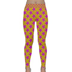 Pink Stars Pattern On Yellow Classic Yoga Leggings by BrightVibesDesign