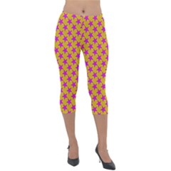 Pink Stars Pattern On Yellow Lightweight Velour Capri Leggings  by BrightVibesDesign