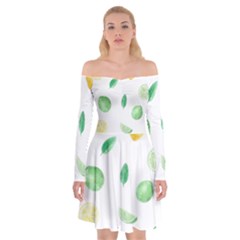 Lemon And Limes Yellow Green Watercolor Fruits With Citrus Leaves Pattern Off Shoulder Skater Dress by genx