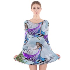 Cute Fairy Dancing On A Piano Long Sleeve Velvet Skater Dress by FantasyWorld7