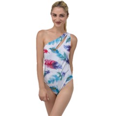 Feathers Boho Style Purple Red And Blue Watercolor To One Side Swimsuit by genx