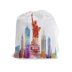 New York City Poster Watercolor Painting Illustrat Drawstring Pouch (xl) by Sudhe