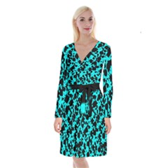 Bright Turquoise And Black Leopard Style Paint Splash Funny Pattern Long Sleeve Velvet Front Wrap Dress