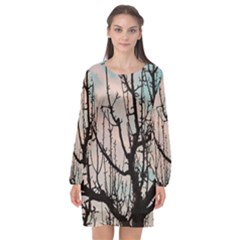 Fruit Tree Silhouette Aesthetic Long Sleeve Chiffon Shift Dress 