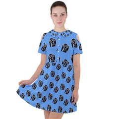 Girl Face Blue Short Sleeve Shoulder Cut Out Dress  by snowwhitegirl