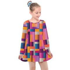 Abstract Background Geometry Blocks Kids  Long Sleeve Dress