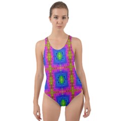 Groovy Pink Blue Yellow Square Pattern Cut-out Back One Piece Swimsuit