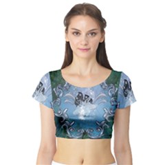 Surfboard With Dolphin Short Sleeve Crop Top by FantasyWorld7