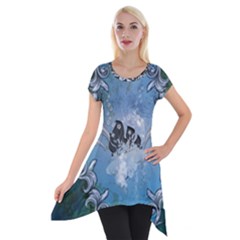 Surfboard With Dolphin Short Sleeve Side Drop Tunic by FantasyWorld7