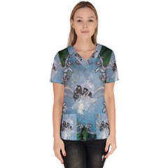 Surfboard With Dolphin Women s V-neck Scrub Top by FantasyWorld7