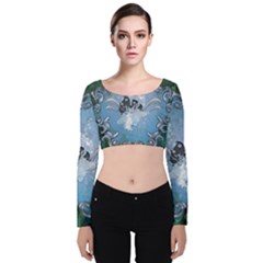 Surfboard With Dolphin Velvet Long Sleeve Crop Top by FantasyWorld7