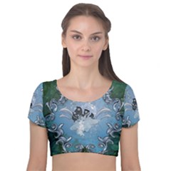 Surfboard With Dolphin Velvet Short Sleeve Crop Top  by FantasyWorld7