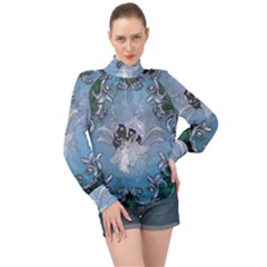 Surfboard With Dolphin High Neck Long Sleeve Chiffon Top by FantasyWorld7