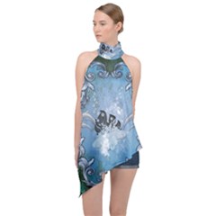 Surfboard With Dolphin Halter Asymmetric Satin Top by FantasyWorld7