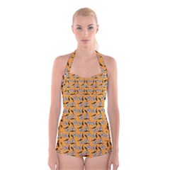 Daisy Orange Boyleg Halter Swimsuit 