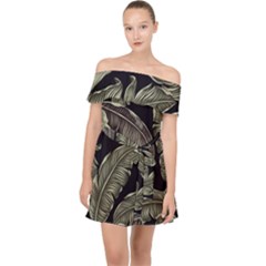 Jungle Leaves Tropical Pattern Off Shoulder Chiffon Dress by Simbadda