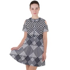 Monochrome Geometric Herringbone Seamless Pattern Vector Short Sleeve Shoulder Cut Out Dress 