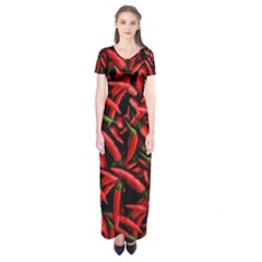 Red Chili Peppers Pattern  Short Sleeve Maxi Dress by bloomingvinedesign