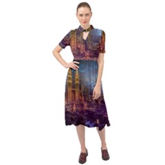 City Lights Skyline Buildings Keyhole Neckline Chiffon Dress by Wegoenart