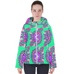 Purple Shapes On A Green Background                        Women s Hooded Puffer Jacket by LalyLauraFLM