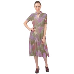 Watercolor Leaves Pattern Keyhole Neckline Chiffon Dress