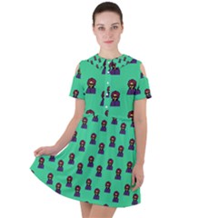 Nerdy 60s  Girl Pattern Seafoam Green Short Sleeve Shoulder Cut Out Dress  by snowwhitegirl