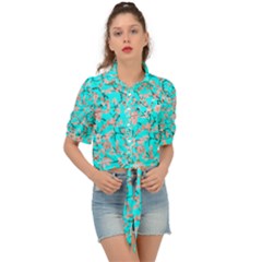 Aqua White Spring Fling Flora     Tie Front Shirt  by 1dsign