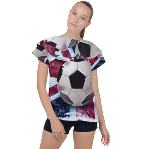 Soccer Ball With Great Britain Flag Ruffle Collar Chiffon Blouse by Vaneshart