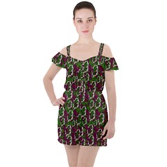 Green Fauna And Leaves In So Decorative Style Ruffle Cut Out Chiffon Playsuit