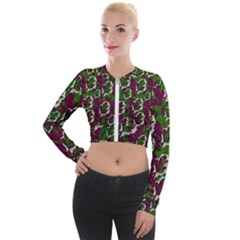 Green Fauna And Leaves In So Decorative Style Long Sleeve Cropped Velvet Jacket by pepitasart