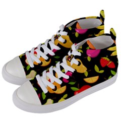 Vector Seamless Summer Fruits Pattern Black Background Women s Mid-top Canvas Sneakers by Vaneshart