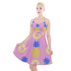 Pop Art Pineapple Seamless Pattern Vector Halter Party Swing Dress  by Sobalvarro