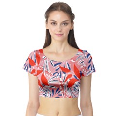 Tropical Seamless Pattern With Colorful Leaves Plants Short Sleeve Crop Top