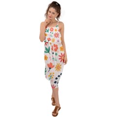 Flat Colorful Flowers Leaves Background Waist Tie Cover Up Chiffon Dress by Vaneshart