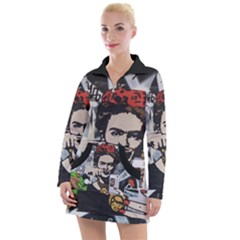 Frida Kahlo Brick Wall Graffiti Urban Art With Grunge Eye And Frog  Women s Long Sleeve Casual Dress by snek