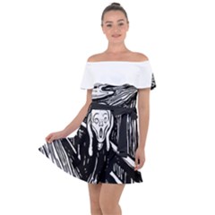 The Scream Edvard Munch 1893 Original Lithography Black And White Engraving Off Shoulder Velour Dress by snek