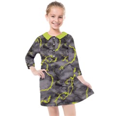 Marble Light Gray With Green Lime Veins Texture Floor Background Retro Neon 80s Style Neon Colors Print Luxuous Real Marble Kids  Quarter Sleeve Shirt Dress by genx