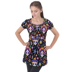 Dia De Los Muertos Puff Sleeve Tunic Top by Sobalvarro