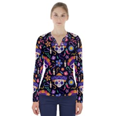 Dia De Los Muertos V-neck Long Sleeve Top by Sobalvarro