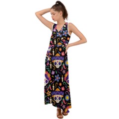 Dia De Los Muertos V-neck Chiffon Maxi Dress by Sobalvarro