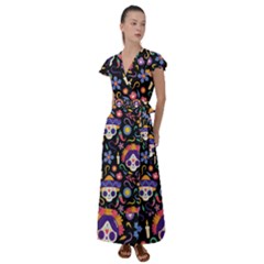 Dia De Los Muertos Flutter Sleeve Maxi Dress by Sobalvarro