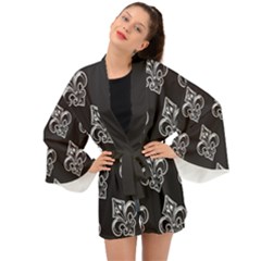 French France Fleur De Lys Metal Pattern Black And White Antique Vintage Black Rocker Long Sleeve Kimono by Quebec