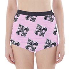 French France Fleur De Lys Metal Pattern Black And White Antique Vintage Pink And Black Rocker High-waisted Bikini Bottoms by Quebec