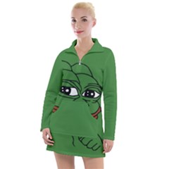 Pepe The Frog Smug Face With Smile And Hand On Chin Meme Kekistan All Over Print Green Women s Long Sleeve Casual Dress by snek