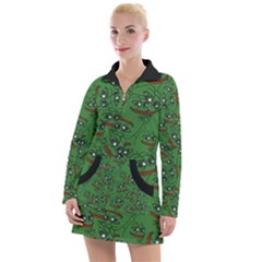 Pepe The Frog Perfect A-ok Handsign Pattern Praise Kek Kekistan Smug Smile Meme Green Background Women s Long Sleeve Casual Dress by snek