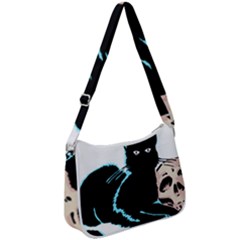 Black Cat & Halloween Skull Zip Up Shoulder Bag by gothicandhalloweenstore