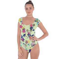 Flowers Ornament Decoration Short Sleeve Leotard 